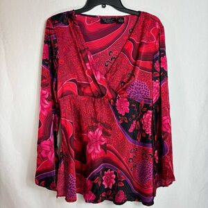 Vintage Y2K NYC Design Co Silk Floral Flare Sleeve Womens M Red Magenta Jewel